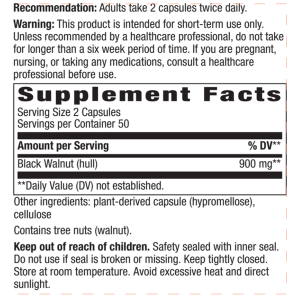 Black Walnut Supplement Facts Label