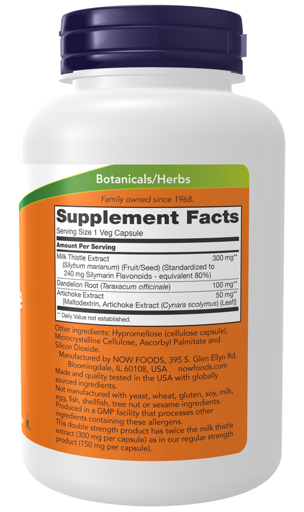 Silymarin 2X 300 mg - 50 Capsules Supplement Facts Label
