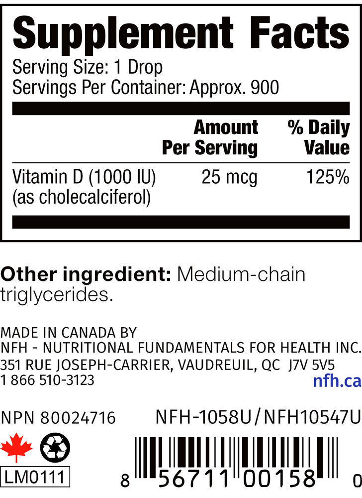 Vitamin D3 SAP 1000IU Liquid Supplement Facts Label