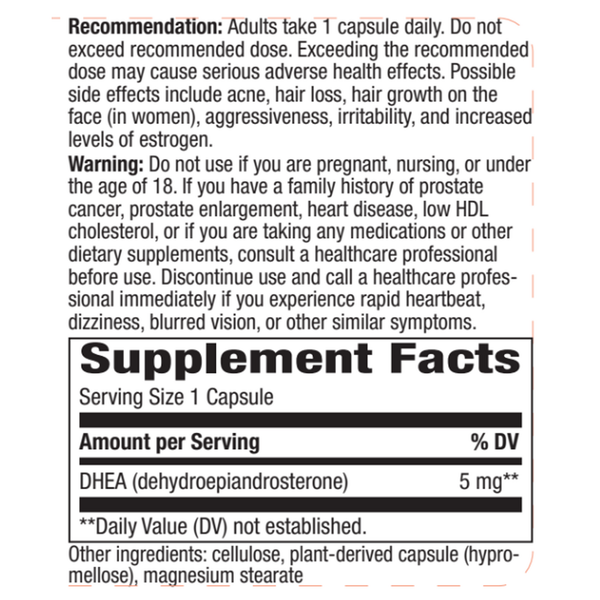 Youthful You* DHEA 5 mg Supplement Facts Label