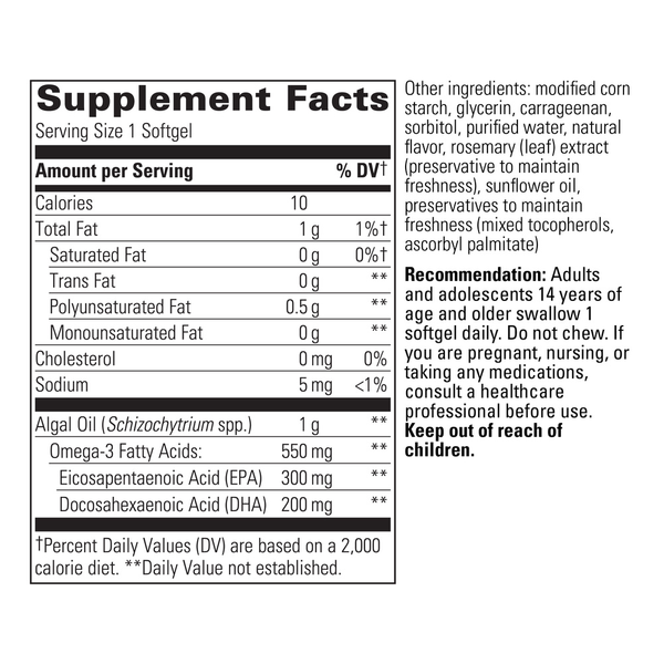 Pure Omega Algae Supplement Facts Label