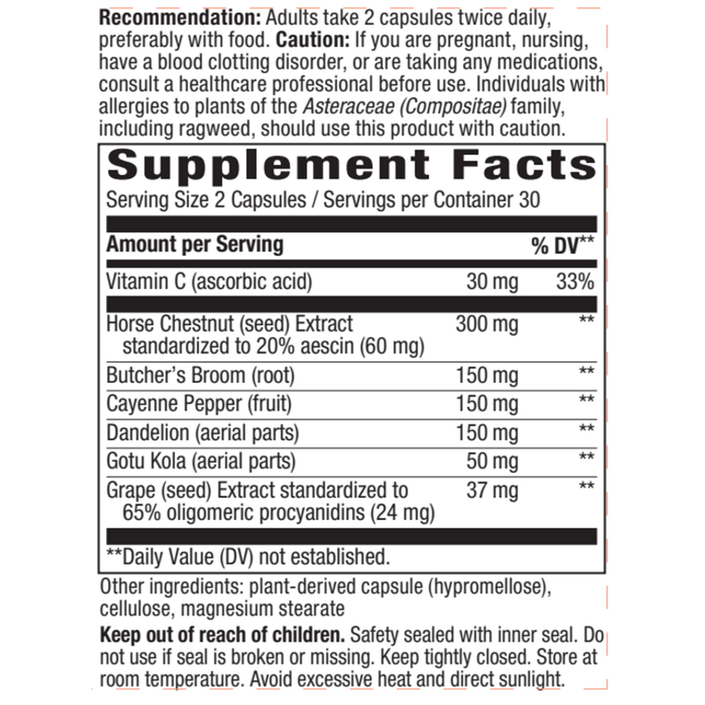 Leg Veins capsules Supplement Facts Label