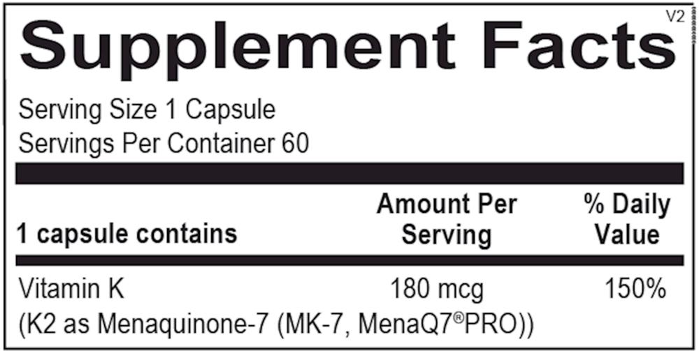 Vitamin K2 180 MCG Supplement Facts Label