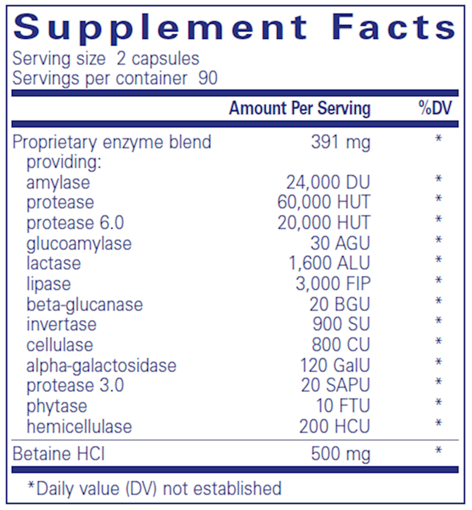 Digestive Enzymes Ultra with Betaine HCl 180 Count Supplement Facts Label
