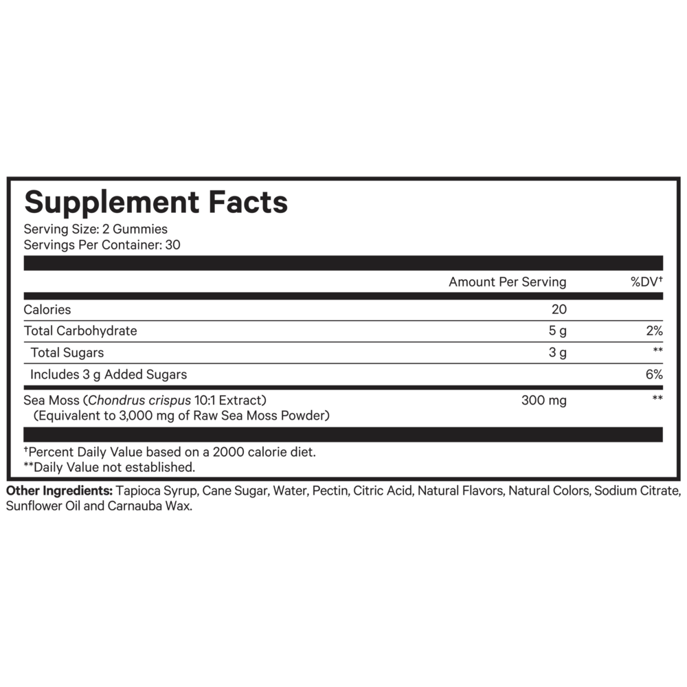 Sea Moss Gummies Supplement Facts Label