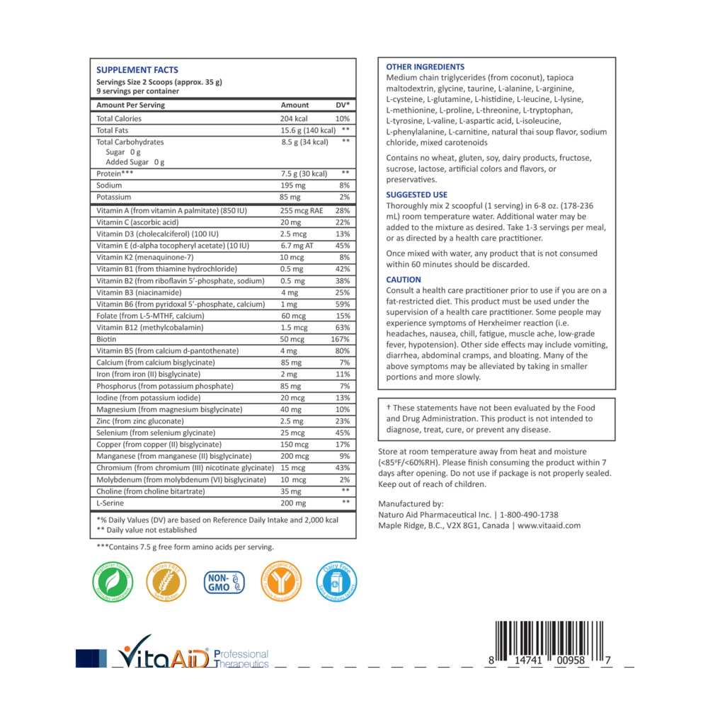 Keto-Elemental Nutrition (Thai Soup) Supplement Facts Label