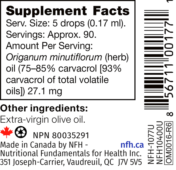 Oregano SAP Supplement Facts Label