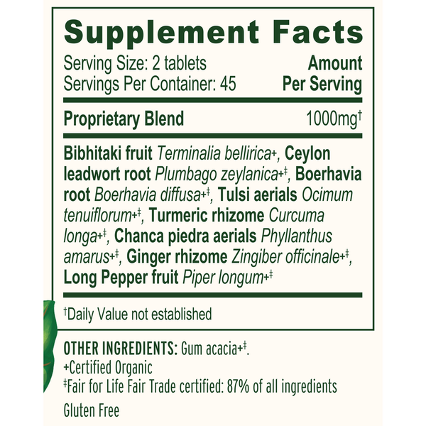 Healthy Kapha (Organic) Supplement Facts Label