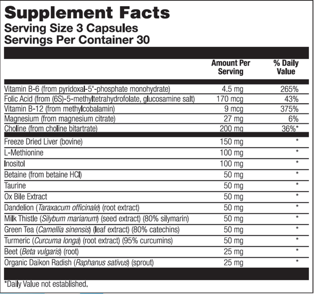 BioLiv (Lipotrophic Support Formula) Supplement Facts Label