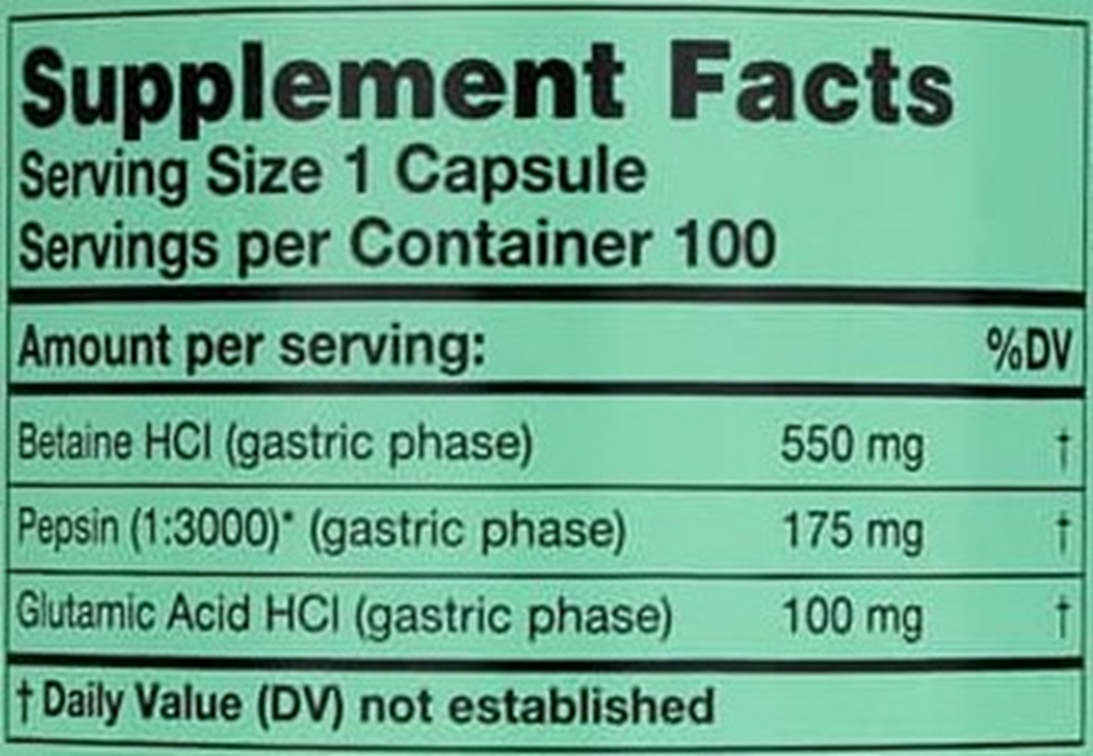 HCl-Pepsin Supplement Facts Label
