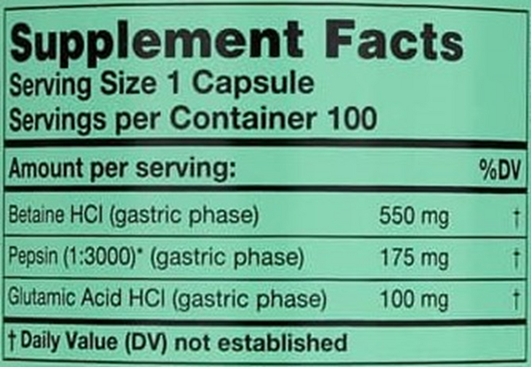 HCl-Pepsin Supplement Facts Label