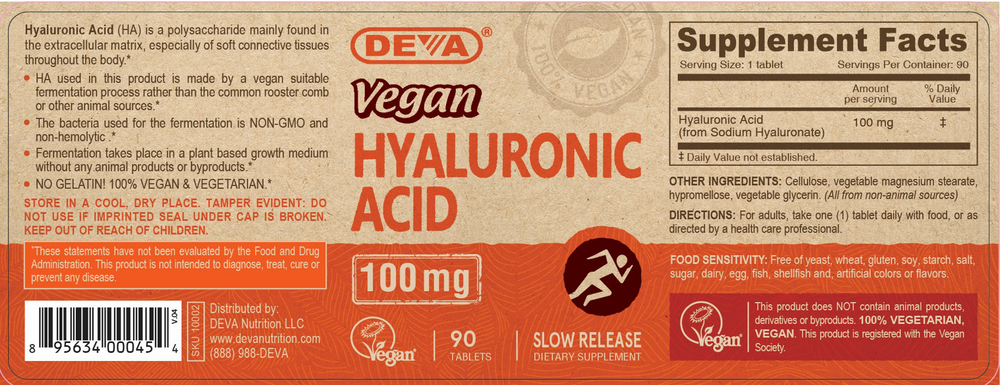 Vegan Hyaluronic Acid 100 mg Supplement Facts Label