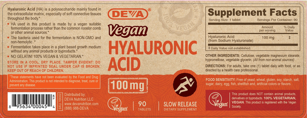 Vegan Hyaluronic Acid 100 mg Supplement Facts Label