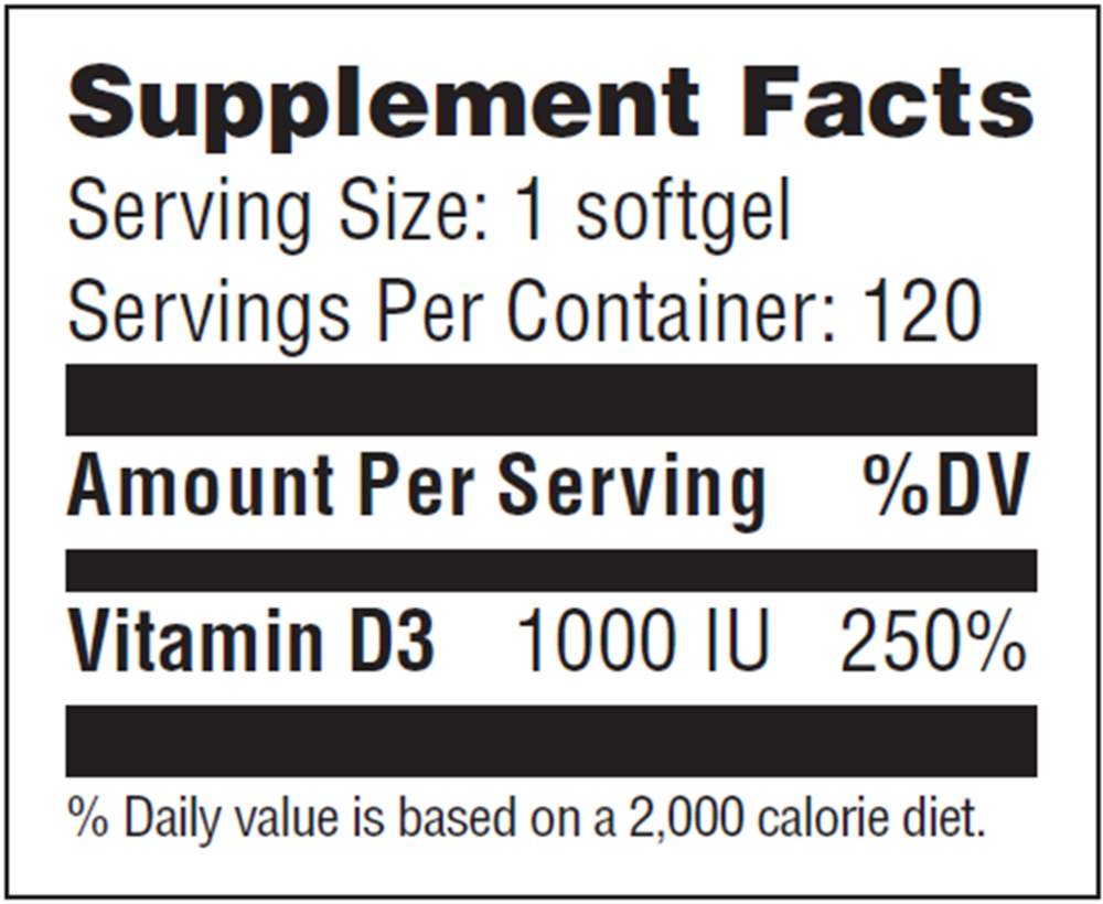Vitamin D3 1000 IU Supplement Facts Label