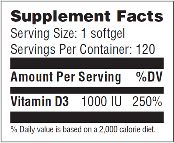 Vitamin D3 1000 IU Supplement Facts Label