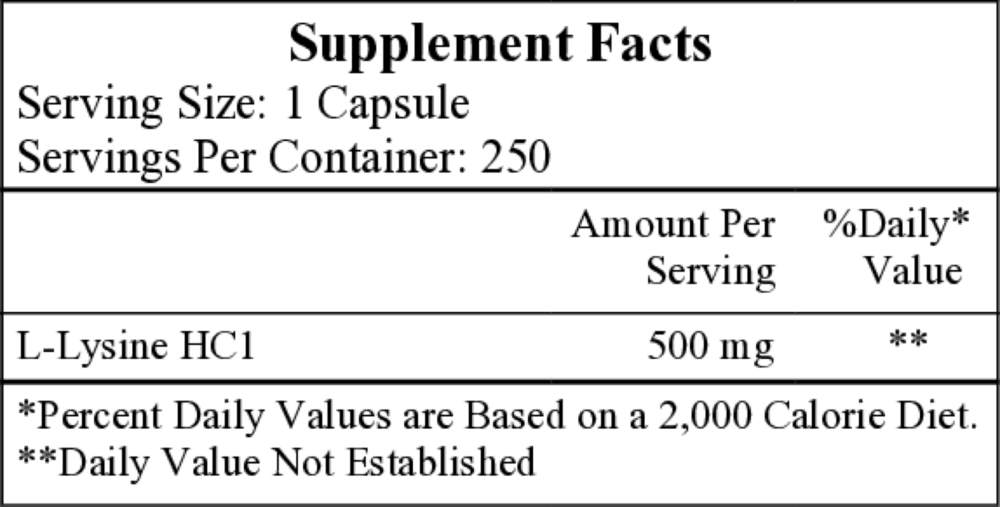 L-Lysine 500 mg Supplement Facts Label