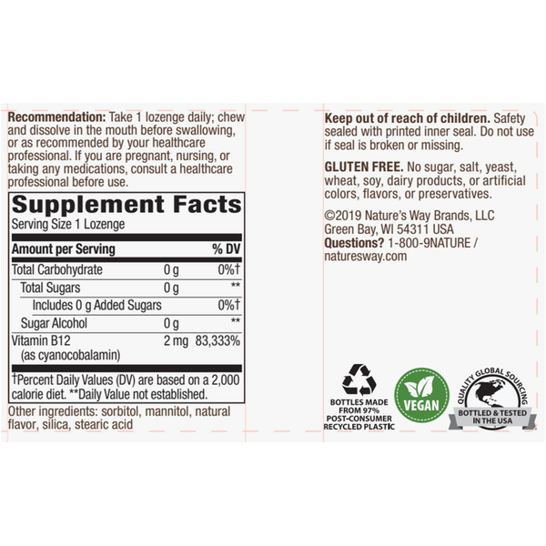 Vitamin B-12 100 lozenges Supplement Facts Label