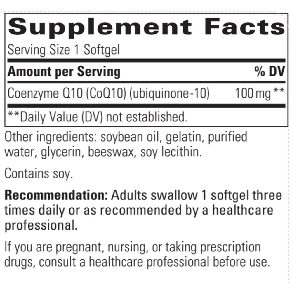 COQ10 100 mg Softgels 60 Count Supplement Facts Label