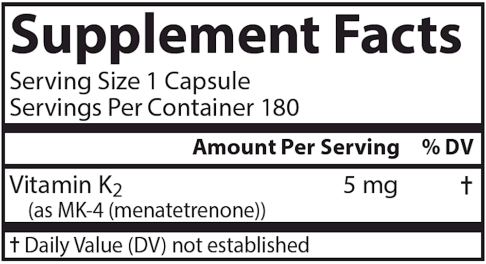 Vitamin K2 5 mg 180 Count Supplement Facts Label