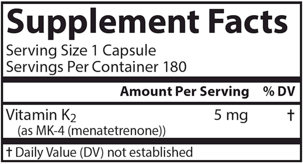Vitamin K2 5 mg 180 Count Supplement Facts Label