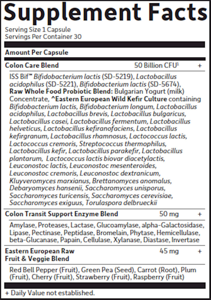 Raw Probiotics Colon Care Shelf Stable Supplement Facts Label