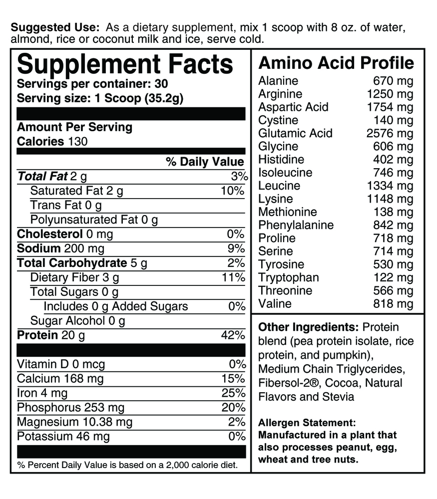 Super Shake Chocolate Supplement Facts Label