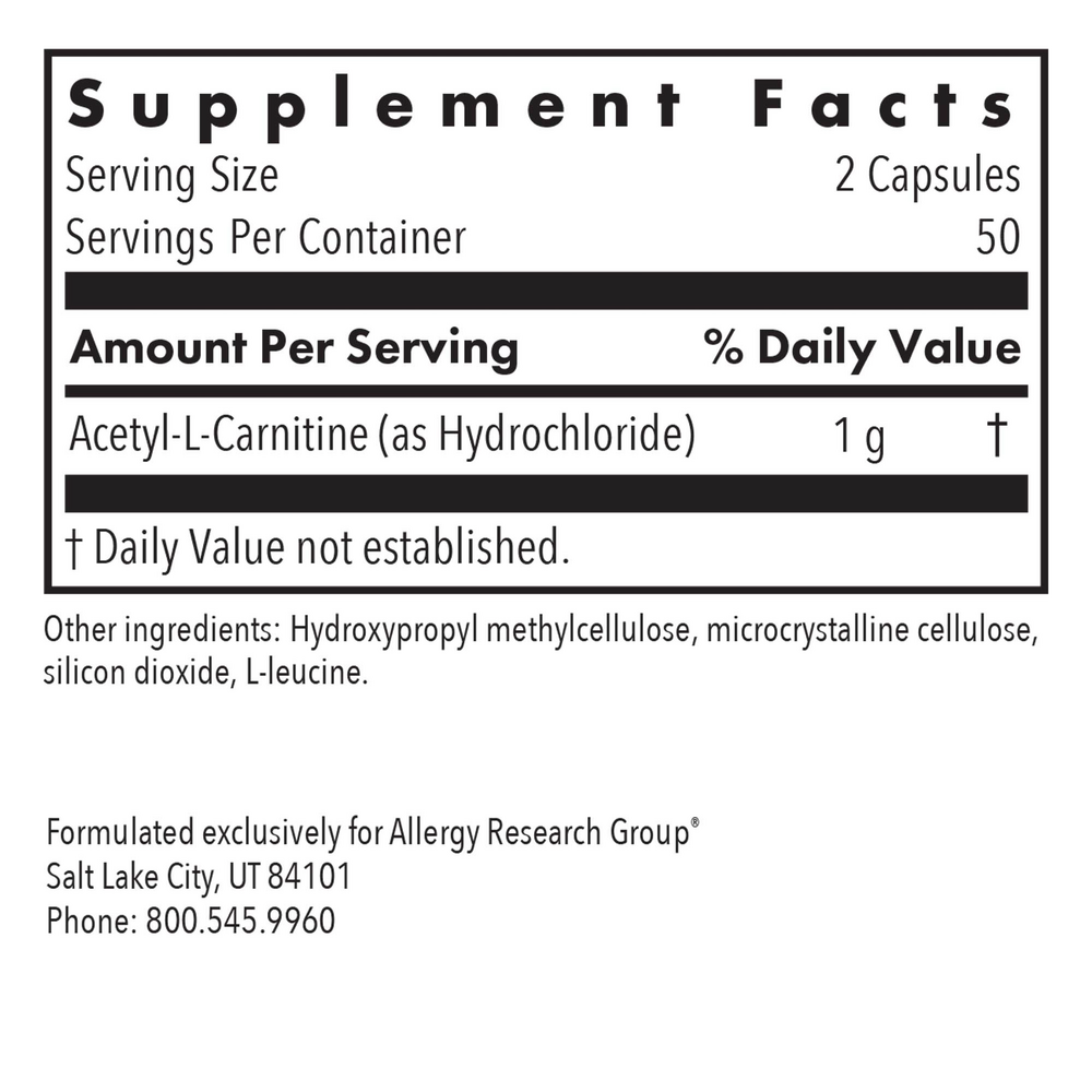 Acetyl-L-Carnitine 500 Mg Supplement Facts Label