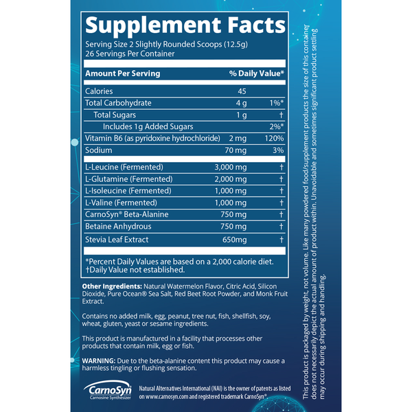 Reload Watermelon BCAA+G Supplement Facts Label
