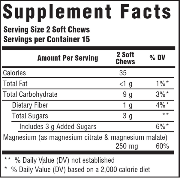 Relax + Calm Magnesium Soft Chews Supplement Facts Label