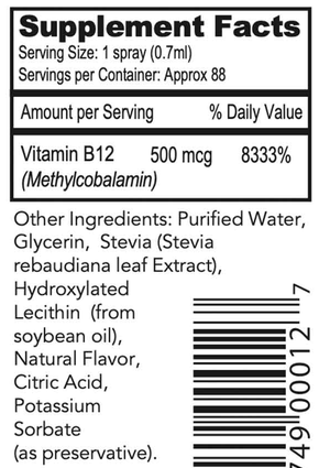 Liposomal Methyl B-12 Spray Supplement Facts Label