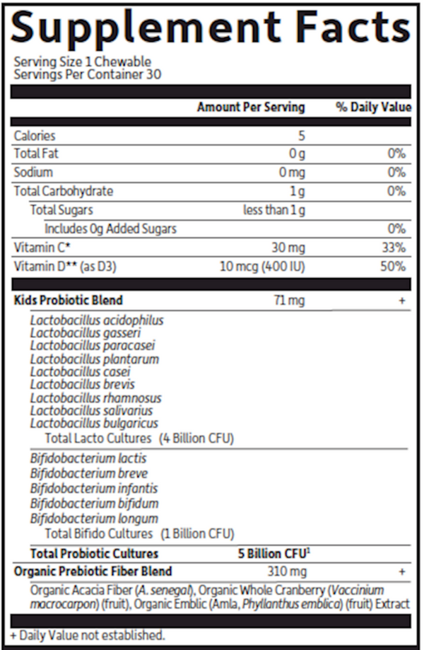 Organic Kids Probiotics Cooler Watermelon Supplement Facts Label