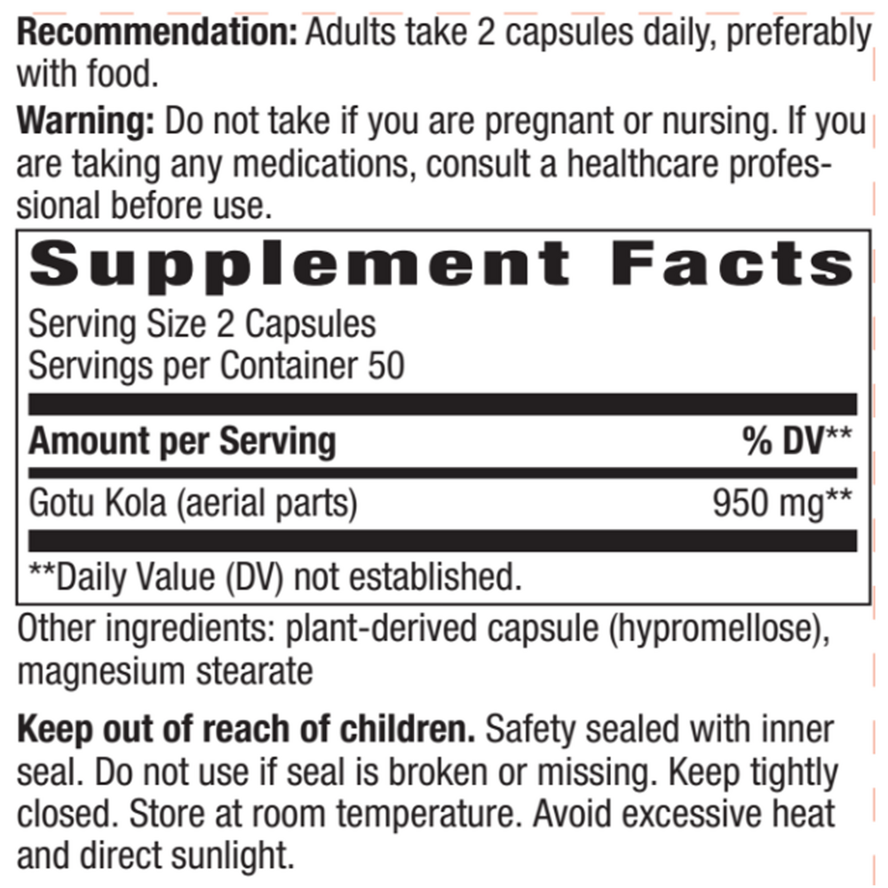 Gotu Kola Supplement Facts Label
