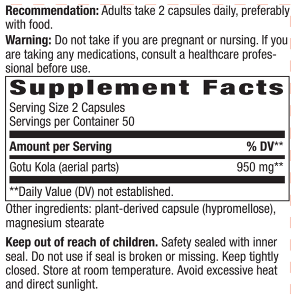 Gotu Kola Supplement Facts Label
