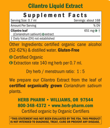 Cilantro/Coriandrum sativum Supplement Facts Label