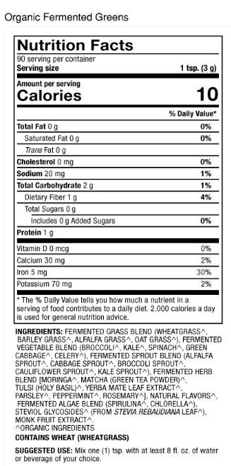 Organic Fermented Greens Supplement Facts Label