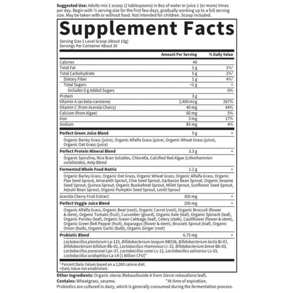 Perfect Food Super Green Formula Supplement Facts Label