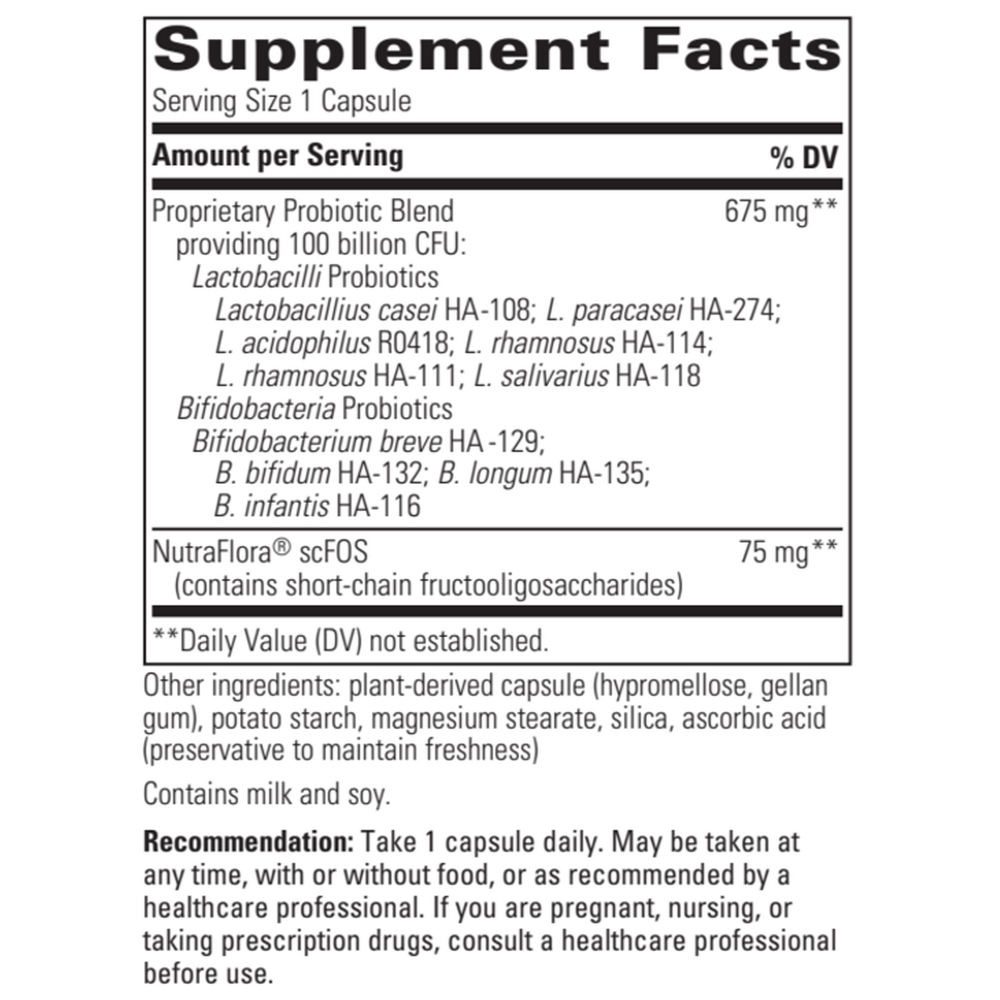 Enterogenic Intensive 100 Probiotic Supplement Facts Label