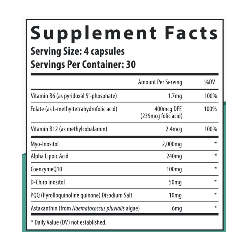 PQQ+ Myo + D-Chiro Inositol Supplement Facts Label