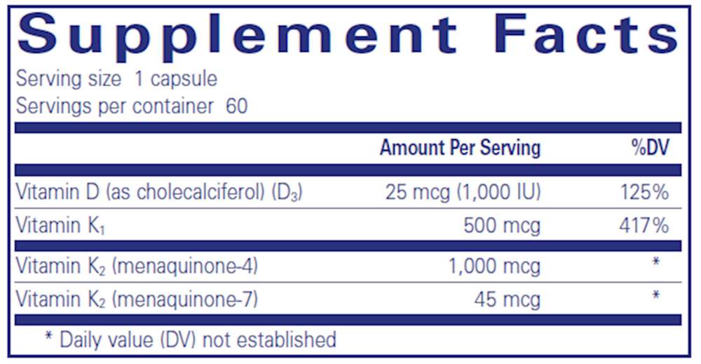 Synergy K 60 Count Supplement Facts Label