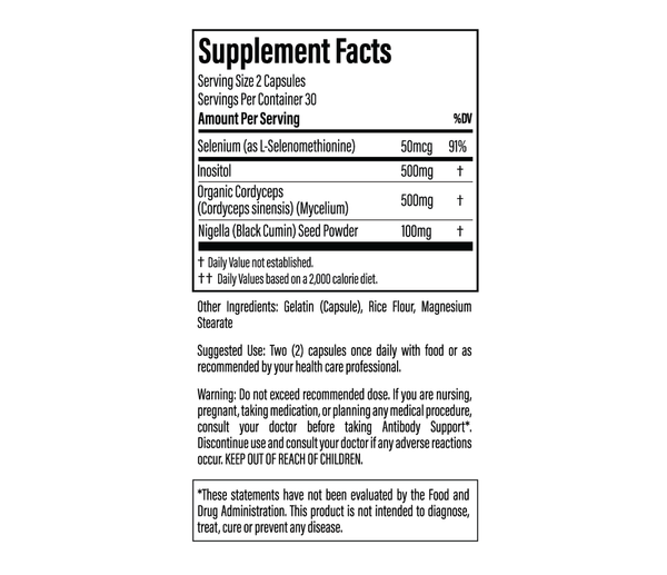 Antibody Support Capsules Supplement Facts Label