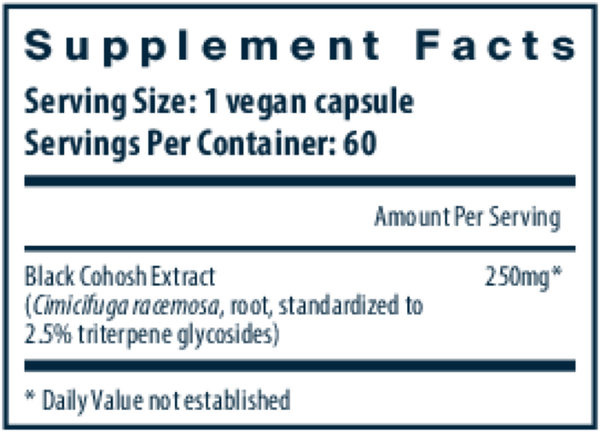 BACKORDER ONLY - Black Cohosh Extract 250 mg Supplement Facts Label