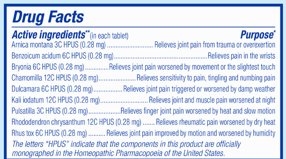 Arnicare Arthritis Supplement Facts Label