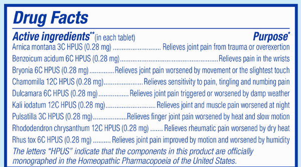 Arnicare Arthritis Supplement Facts Label