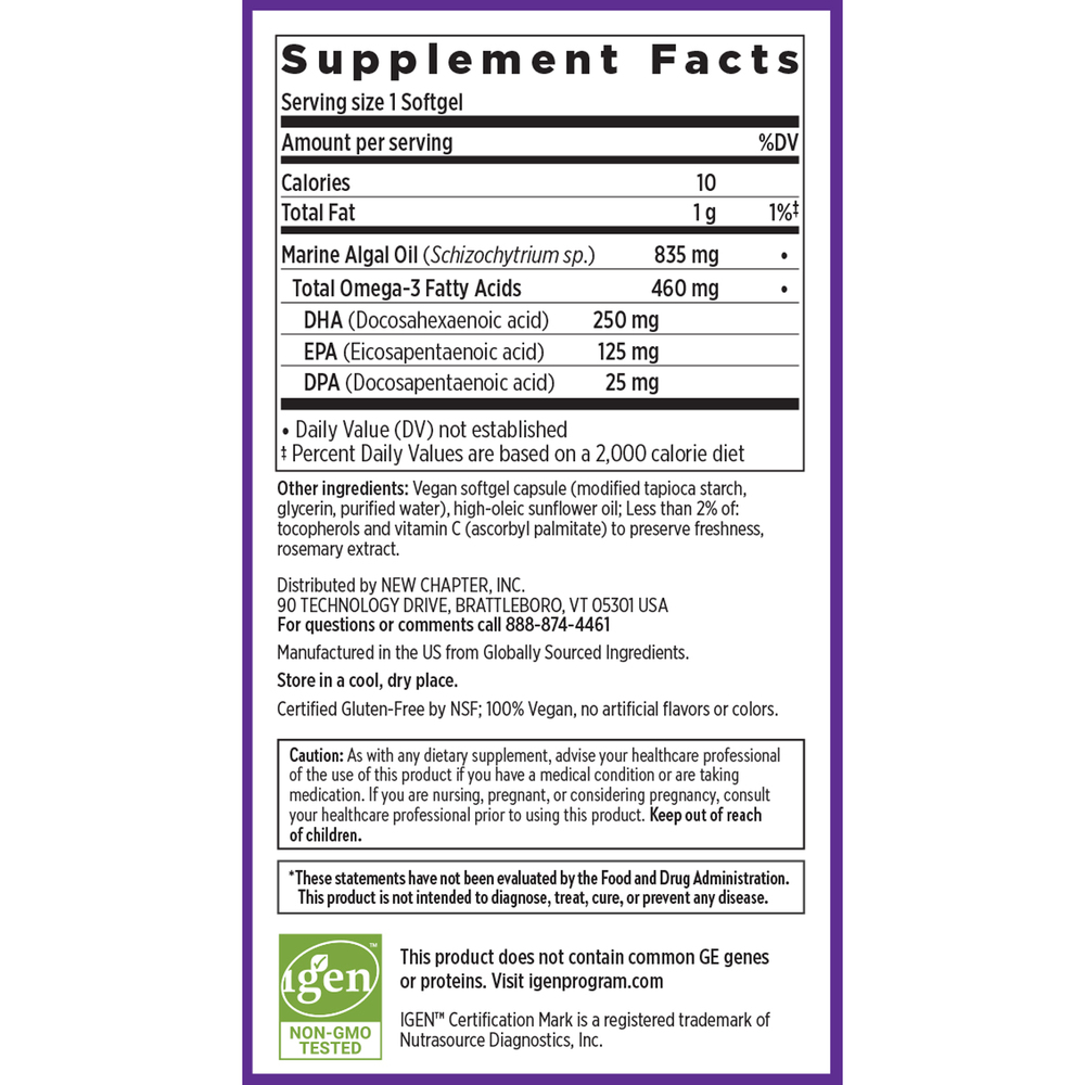 Vegan Omega 3 Complex Supplement Facts Label