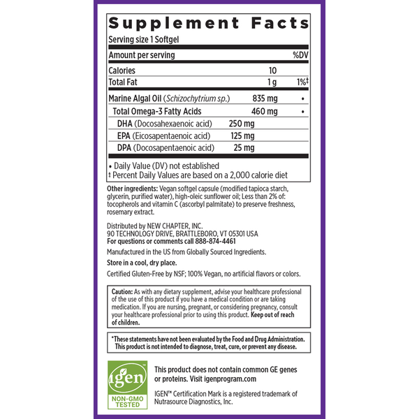 Vegan Omega 3 Complex Supplement Facts Label