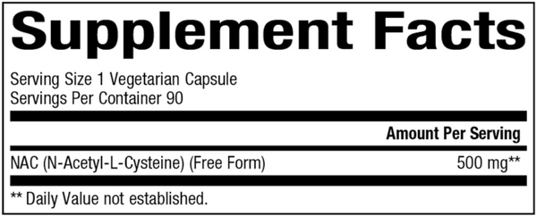 NAC 500mg Supplement Facts Label