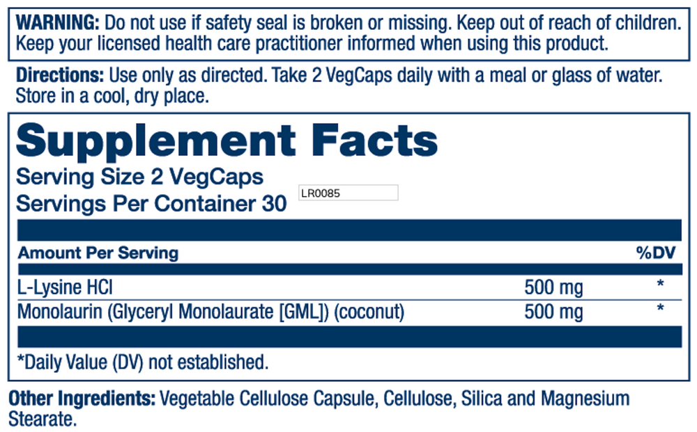 L-Lysine Monolaurin 1:1 Supplement Facts Label
