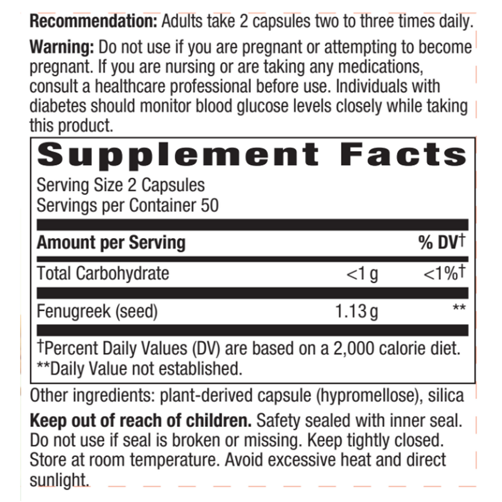 Fenugreek Seed 100 Caps Supplement Facts Label