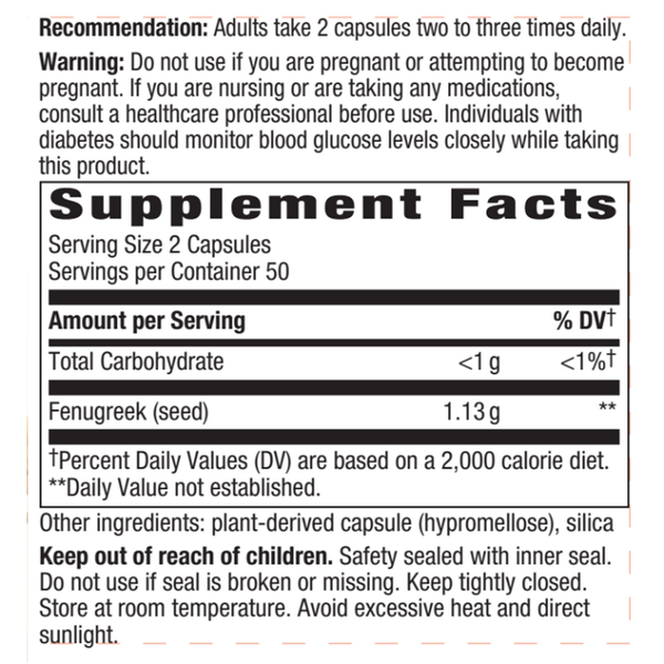 Fenugreek Seed 100 Caps Supplement Facts Label