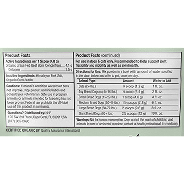 BACKORDER ONLY - Organic Collagen Powder for Cats and Dogs Supplement Facts Label